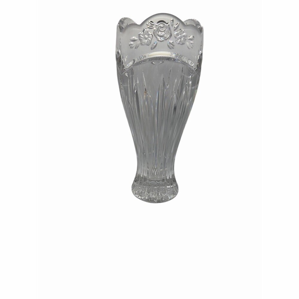 Oneida Cut Glass Flower Vase Clear Scalloped Rim Floral Etched 10 Inch